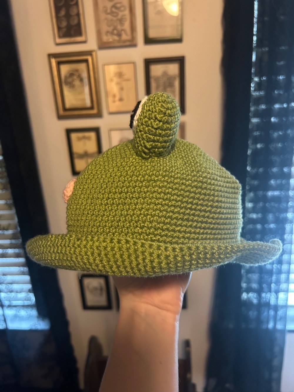 Handmade Crocheted Frog Bucket Hat - Green with Pink Cheeks - Picture 4 of 4